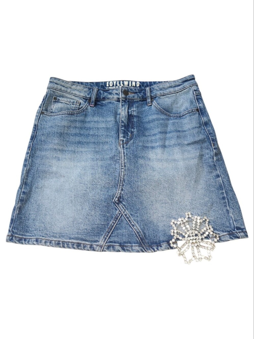 Idyllwind Miranda Lambert Rhinestone Denim Mini Skirt Light Wash Slit Size L